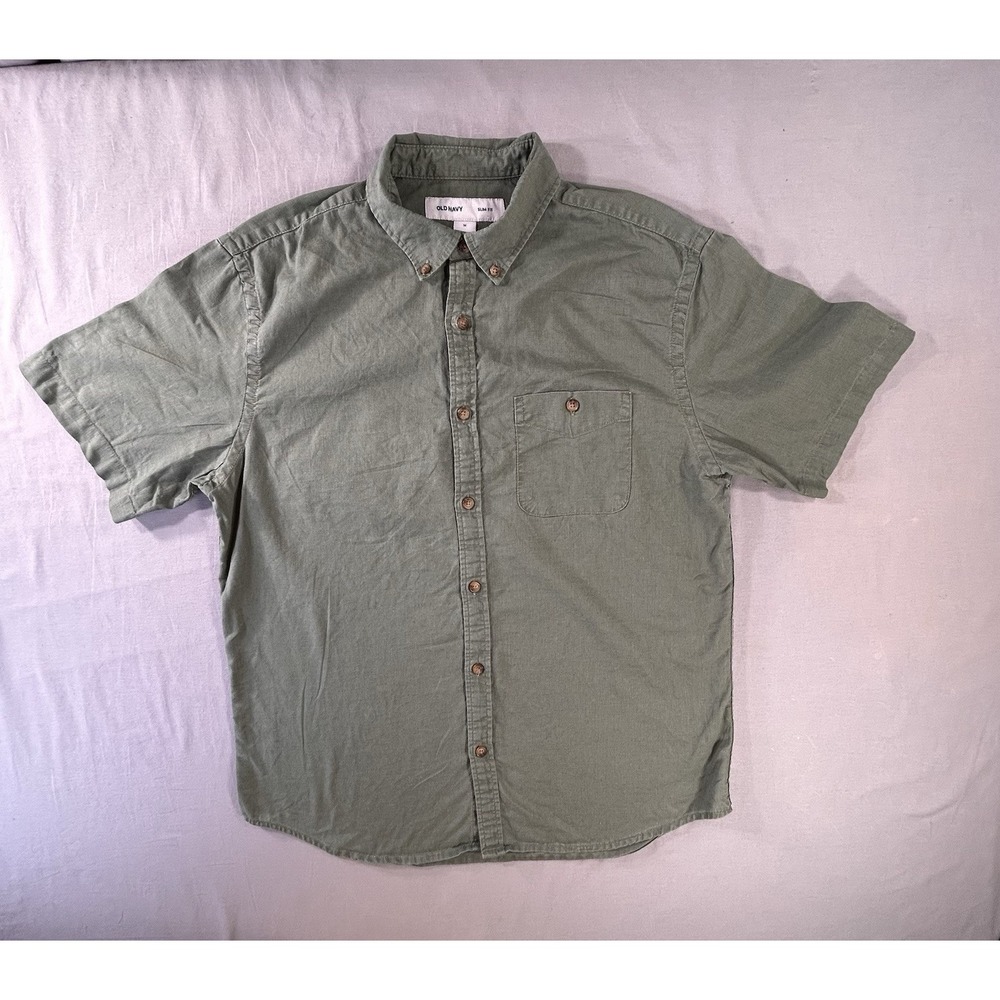 Old Navy Slim Fit Short Sleeve Army Green‎ Button Down Linen Shirt Men's Size M